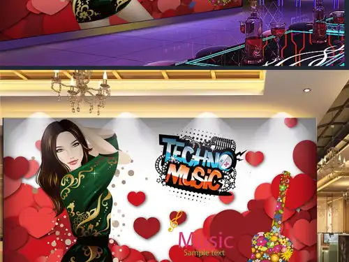 3d红心卡通美女音乐ktv工装背景墙图片素材效果图下载