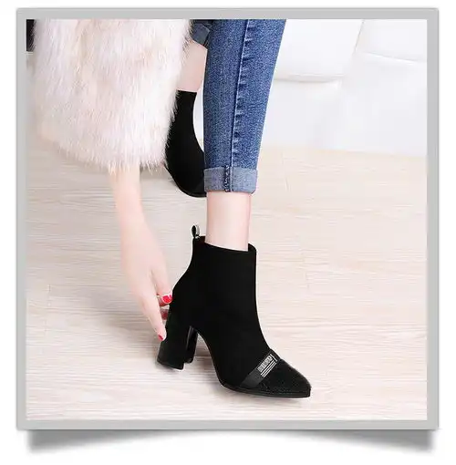 guciheaven古奇天伦尖头短靴女粗跟秋冬季韩版百搭踝靴女靴冬天高跟皮鞋加绒冬鞋