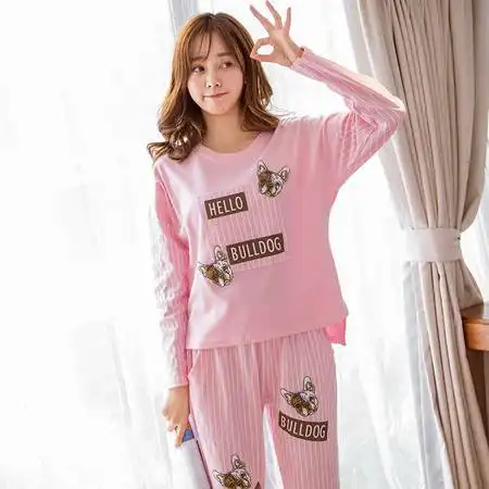 睡衣女秋纯棉韩版可爱粉色卡通小狗长袖长裤条纹可外穿家居服套装