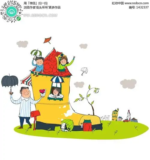 一家四口在鞋子状的屋旁玩耍eps素材免费下载红动网