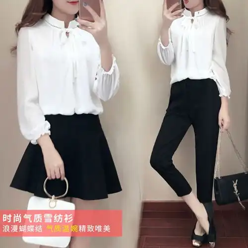 2018新款女装韩版时尚遮肚子上衣小清新超仙甜美雪纺气质衬衫