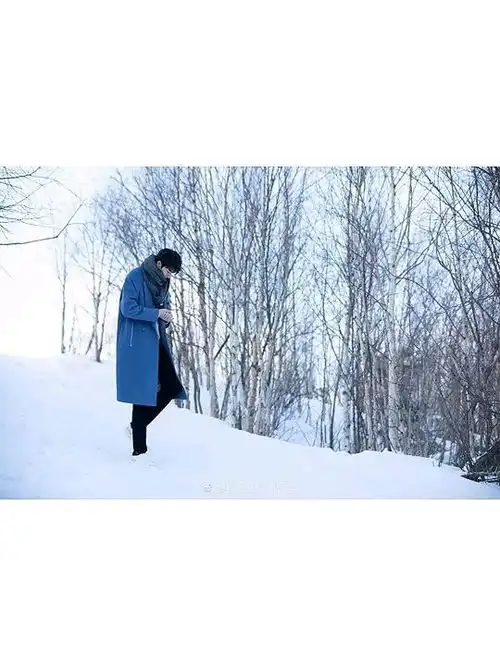 林一生日大片,身穿蓝色大衣搭白毛衣灰色围巾,置身雪景之中,氛围感拉满,韩剧男主即视感林一