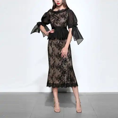 2018夏装新款欧美时尚复古气质一字领收腰灯笼袖系结黑色连衣裙