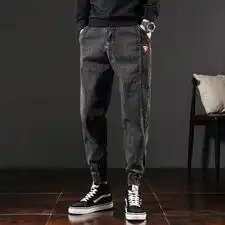 506388102020春夏日系黑底大码束脚宽松九分牛仔哈伦裤潮男