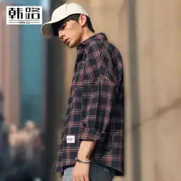 韩路男装2019春季新品男士格子衬衫长袖翻领ins宽松衬衣休闲外套hlf261