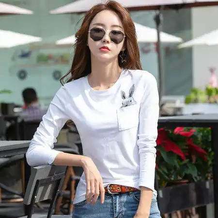 沐映纤苏白色打底衫女早春新款韩版长袖印花t恤女修身显瘦内搭上衣