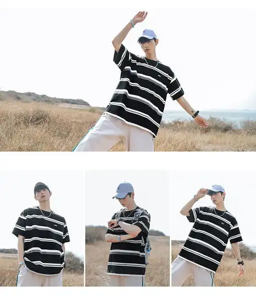 韩路主推系列2021夏新款情侣短袖t恤男宽松黑白条纹圆领体恤男装