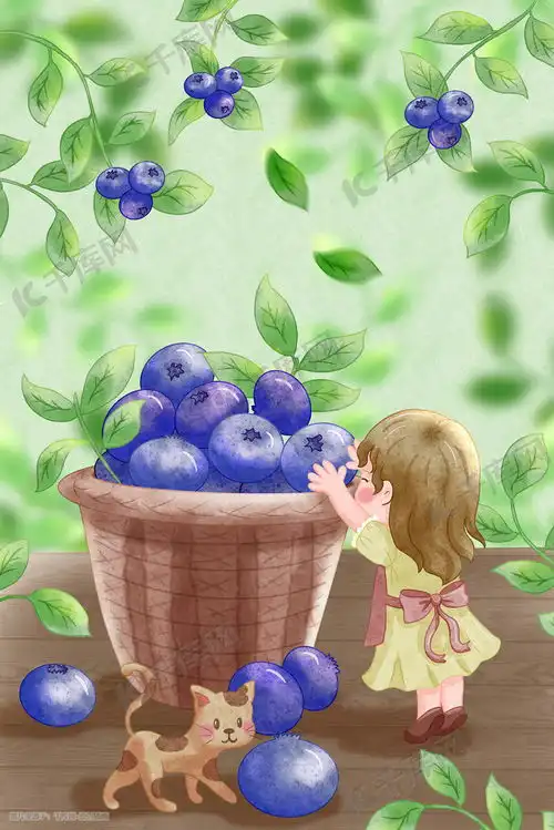 水彩场景女孩与猫收蓝莓可爱治愈插画图片千库网