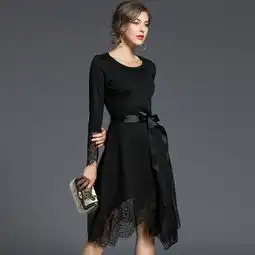 实拍2018秋季女装优雅气质拼蕾丝不规则黑色连衣裙