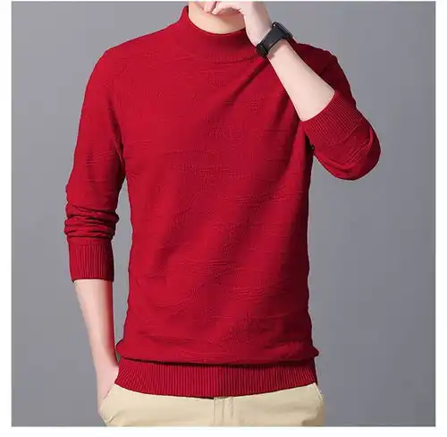 汤河之家纯羊毛针织衫男中国红圆领毛衣休闲保暖羊毛衫男装