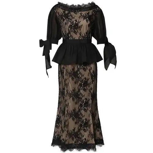 2018夏装新款欧美时尚复古气质一字领收腰灯笼袖系结黑色连衣裙