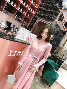 秋季系带修身少女温柔长裙女韩风chic木耳边v领长袖连衣裙女依生