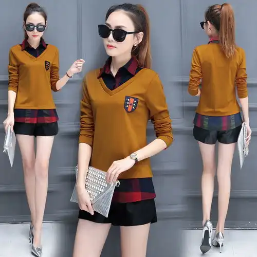 春装女新款t恤ins风衬衣领两件短袖情侣季上2019潮半翻学生一字肩