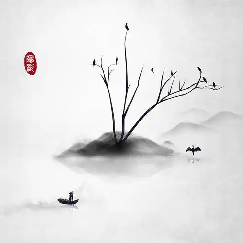 飞鸟树影小船山峦鸟栖古风水墨画中式中国风古风插画