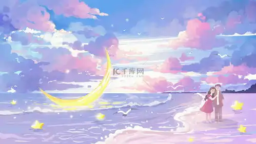 手绘浪漫唯美天空云与海情侣治愈系横图插画图片千库网
