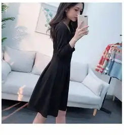 h2018新款女装春装小黑裙韩版修身显瘦气质中长款长袖连衣裙