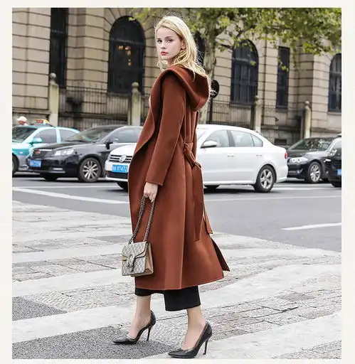 2017秋冬新双面呢大衣女中长款超长过膝宽松韩国加厚连帽羊驼绒外套大衣