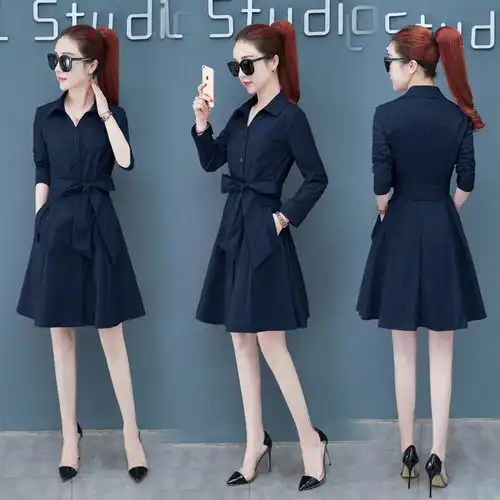 连衣裙女春秋2020春装新款女装韩版时尚长袖中长款气质红色衬衫裙