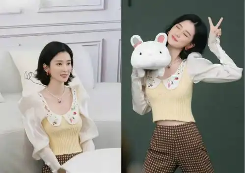 乔欣太会扮嫩了吧,娃娃领衬衫配红色针织衫好甜,少女感满满