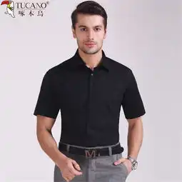 啄木鸟2016夏装男士大码短袖衬衫纯黑色商务休闲宽松直筒半袖衬衣图片大全邮乐官方网站