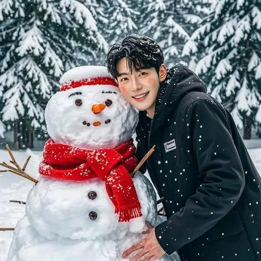 雪花纷飞,情侣在浪漫雪天中堆雪人