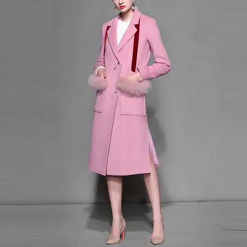 冬装欧美毛呢大衣狐狸毛粉色修身开衩名媛时尚2018新款女装