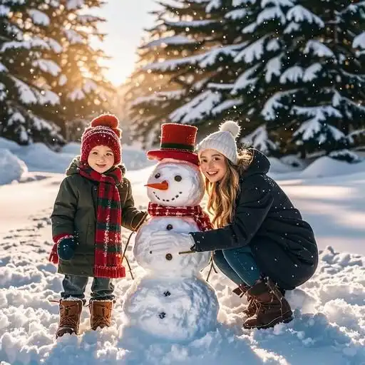 雪花纷飞,情侣在浪漫雪天中堆雪人
