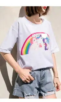 韩域丹依娜2018夏装韩版显瘦学生百搭独角兽彩虹小马宝莉短袖网红t恤上衣情侣装女