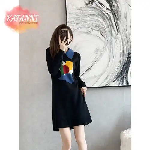 冬季新款黑色赫尔本风针织长袖假两件女装宽松连衣裙