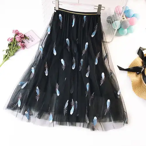 施悦名刺绣网纱裙港味百搭半身裙2019新款黑色长裙名媛气质中长蓬蓬裙