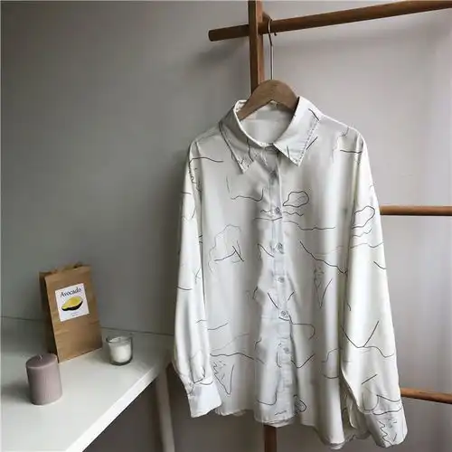 ins超火创意印花衬衫秋装女韩版复古学院风宽松显瘦长袖衬衣学生