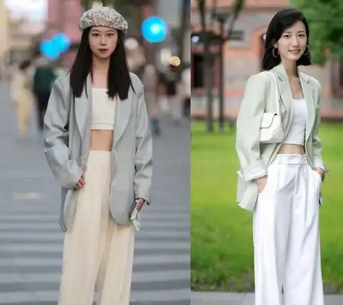 广州街拍女生真会穿,西服衬衫搭配阔腿裤简约时髦,慵懒随性