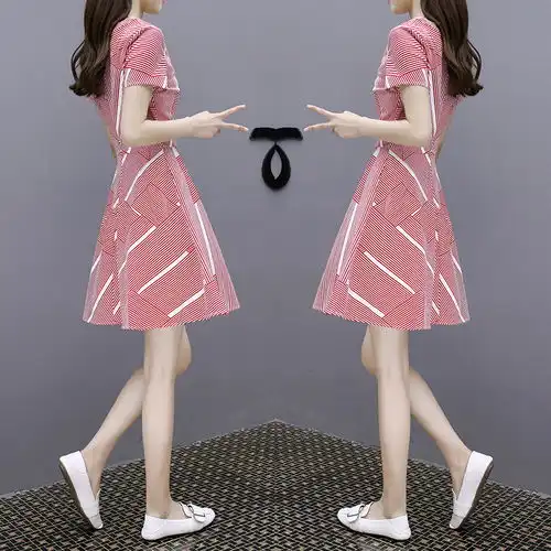 2019春夏装新款女装ins超火a字裙气质条纹v领雪纺连衣裙女中长款