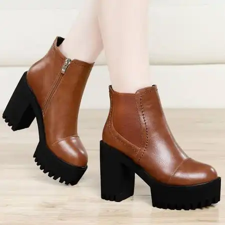 古奇天伦秋季新款欧美短靴防水台粗跟女靴子厚底高跟靴休闲女鞋图片大全邮乐官方网站