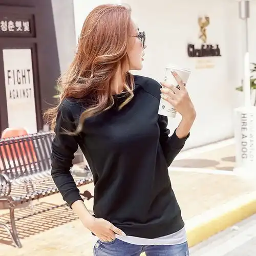 2017新款秋冬季纯色卫衣女式韩版潮流学生拼接雪纺中长款卫衣