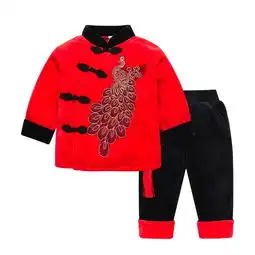 wuawua宝宝冬季夹棉套装12岁男女童红色新年衣服中小童喜庆外出服蜜芽,中国领先的进口母婴限时特卖商城