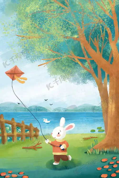 治愈系场景小兔子放风筝手绘小清新插画图片千库网