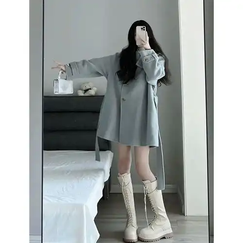韩系学院风纯色短款风衣外套女学生秋冬季宽松显瘦休闲绑带大衣