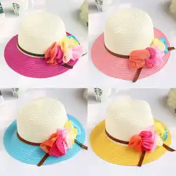 米佐邦韩版夏天沙滩编织帽女童草帽纸草拼色花朵公主帽儿童防晒遮阳帽子