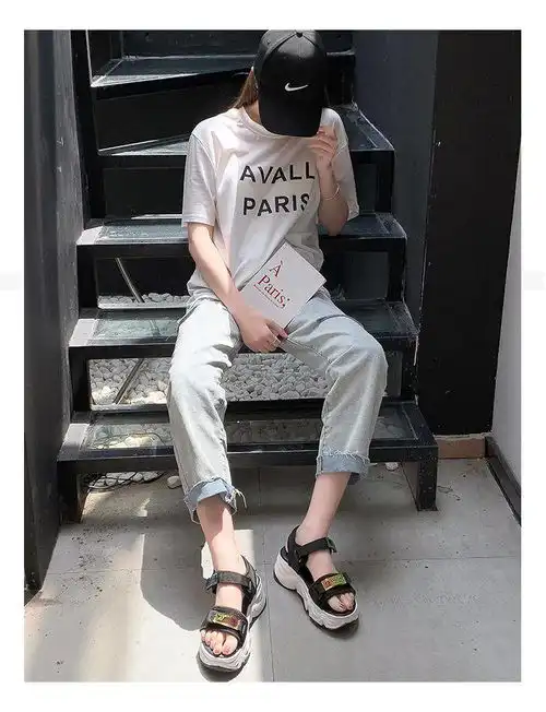 卓纪2020夏季新款厚底魔术贴凉鞋女学生运动平底鞋网红百搭女鞋ins潮