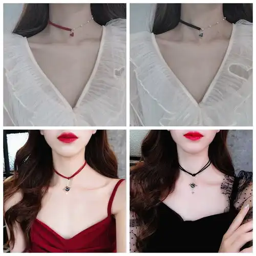 抖音网红同款颈链系列choker心动红色爱心颈链珍珠网红锁骨链女