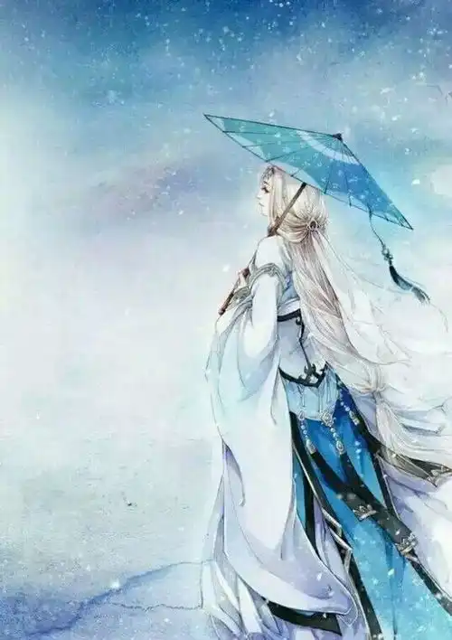 古风美人红颜白发蓝伞冬雪白蓝衣