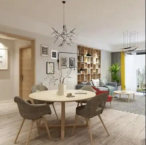 72平北欧风灰色客厅加入红色软装和原木设计,既不抢镜又活力四射