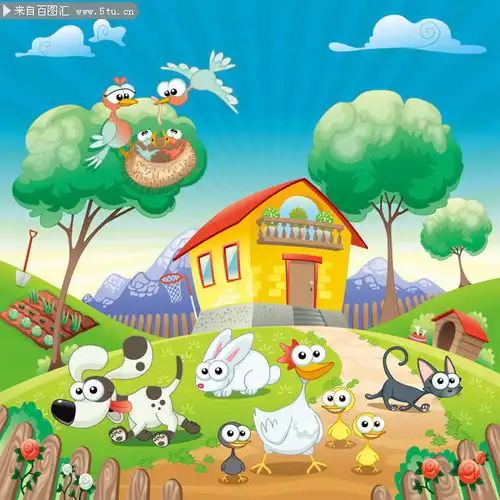 卡通小动物房子插画图片素材