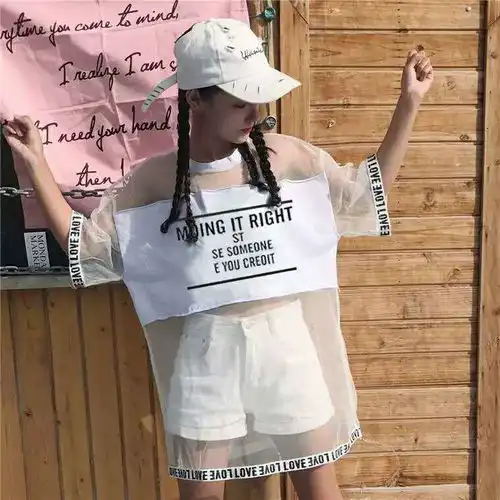 怪味少女网纱拼接黑白短袖小众t恤女学生韩版宽松ins丧系bf上衣服