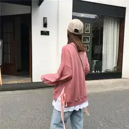 韩版开叉绑带拼接ins超火假两件套头卫衣女春秋薄款宽松chic上衣