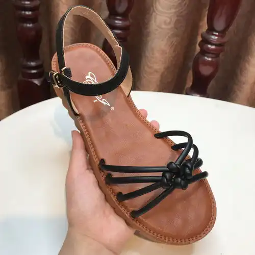 小童马凉鞋女休闲露趾罗马鞋编织真皮头层牛皮平底一字扣带女鞋