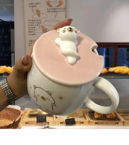 韩式可爱呆萌卡通陶瓷马克杯带盖勺情侣女生早餐咖啡牛奶杯子家用