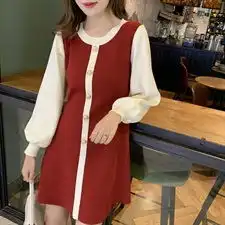 2020年春季韩系拼色显瘦女连衣裙a字