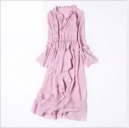 高档精品,2019新款连衣裙欧美春夏粉色中长款优雅长裙时尚灯笼袖荷叶边裙子